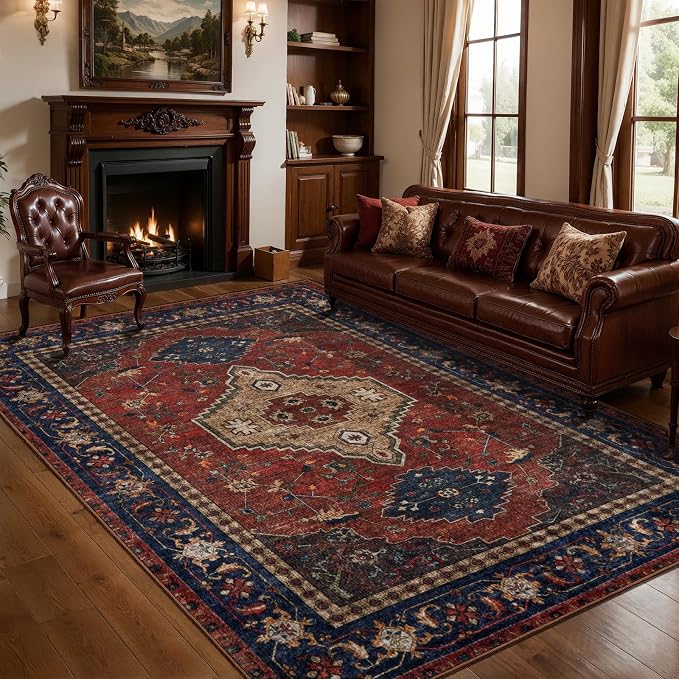 Tangsoo Red Oriental 6x9 Area Rug Washable Rug for Living Room, Vintage Indoor Non Slip Large Area Rugs, Print Distressed Carpet, Soft Low Pile Foldable Floor Rug for Bedroom Dining Room Red Beige