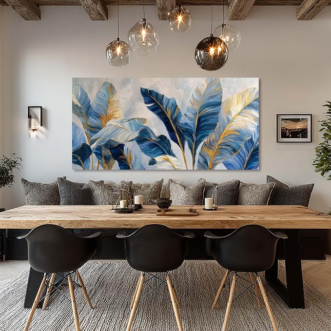 Ggaafet Navy Blue Leaves Wall Art for Living Room Canvas Painting Prints Botanical Boho Abstract Gold Leaf Art Deco Modern Artwork Office Bedroom Family Dining Room Decor Extra Large