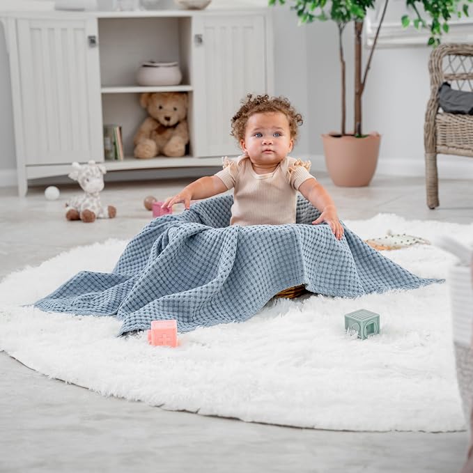 Comfy Cubs Waffle Weave Baby Blanket - 40” x 40” Cotton Blanket with Textured Design - Lightweight Swaddle for Bed, Crib, Stroller, or Couch - Soft Cover for Toddlers, Boys & Girls - Pacific Blue