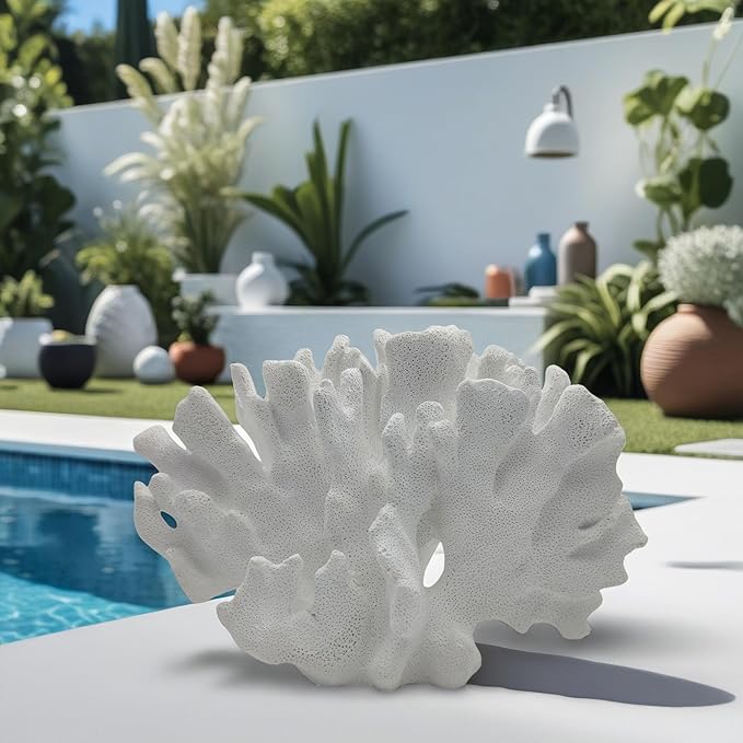 Etlemonde White Beach Coastal Fan Coral Decor Resin Statue - Faux Sea Coral Reef for Bathroom Shelf, Coffee Table, Nautical Minimalist Beach House Home Decor Accent