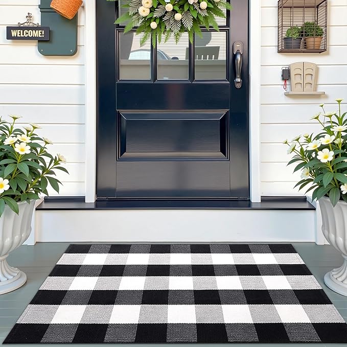OLANLY Buffalo Plaid Rug 2'4" x 3'7" (27.5" x 43") – Black and White Cotton Checkered Doormat, Washable Indoor Outdoor Rug for Layered Front Porch, Kitchen, Entryway Decor