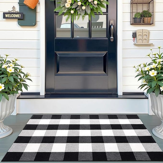 OLANLY Buffalo Plaid Rug 2'4" x 3'7" (27.5" x 43") – Black and White Cotton Checkered Doormat, Washable Indoor Outdoor Rug for Layered Front Porch, Kitchen, Entryway Decor