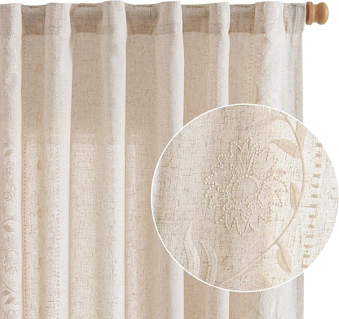 jinchan Winslow Linen Curtains for Bedroom 84 Inches Length Embroidered Bordered Floral Curtains for Living Room Farmhouse Decor Light Filtering Window Treatments Ivory on Beige Drapes 2 Panels