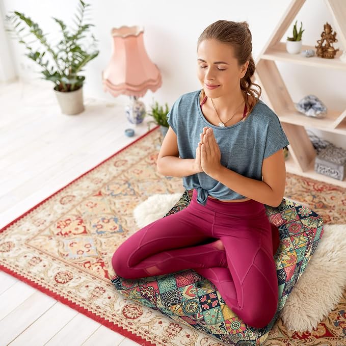 Mandala Meditation Cushion, Boho Meditation Mat, Meditation Pillows for Sitting on Floor, Cushions for Sitting in Home and Outdoor, Square Floor Pillow Cushion Seating for Yoga Accessories 22'' X 22''