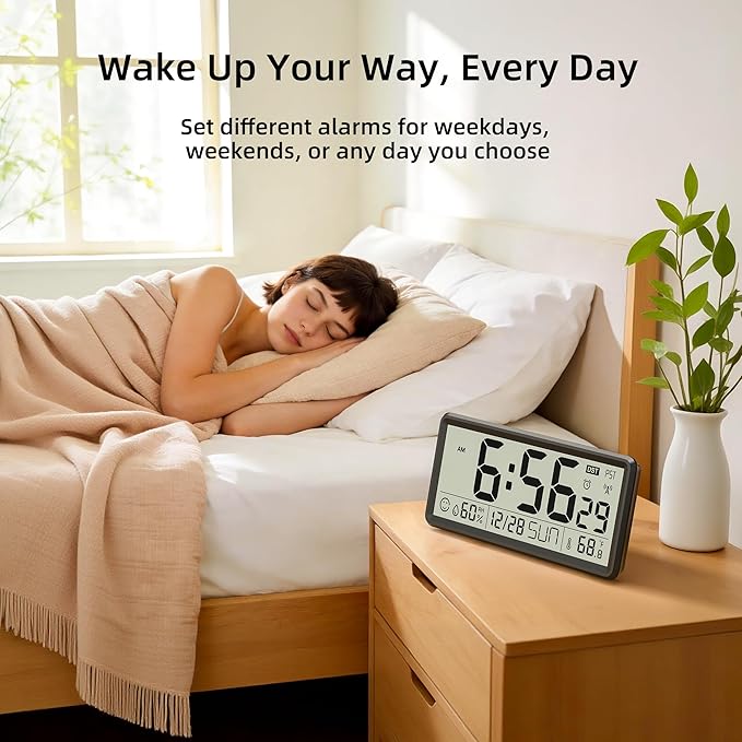 EASYERA 15'' Large Digital Wall Clock Battery Operated, Atomic Clock with Indoor Temperature and Humidity, Self-Setting with Auto DST, for Kitchen, Classroom, Living Room (Batteries Not Included)