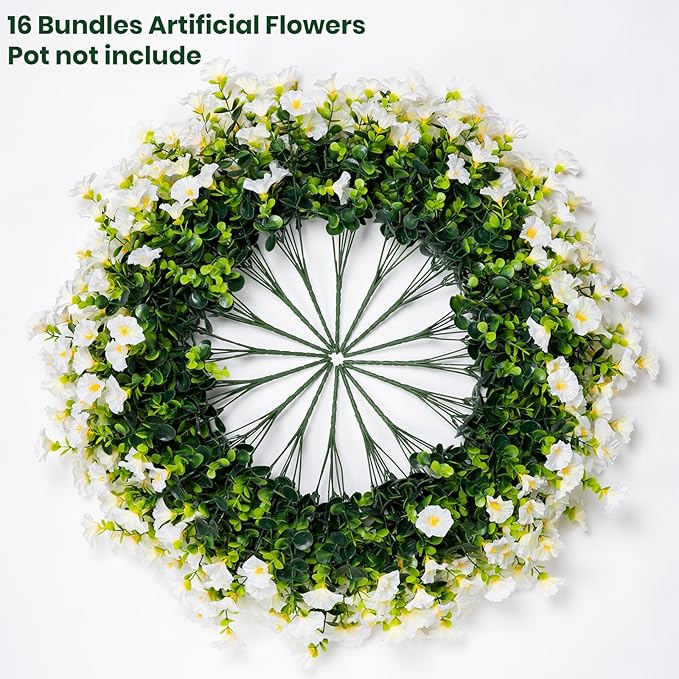 Nigirior Artificial Faux Flowers for Outdoor 16 Bundles Boxwood Fake Morning Glory for Planter,UV Resistant Fake Flowers for Home Porch Patio Outside（White）