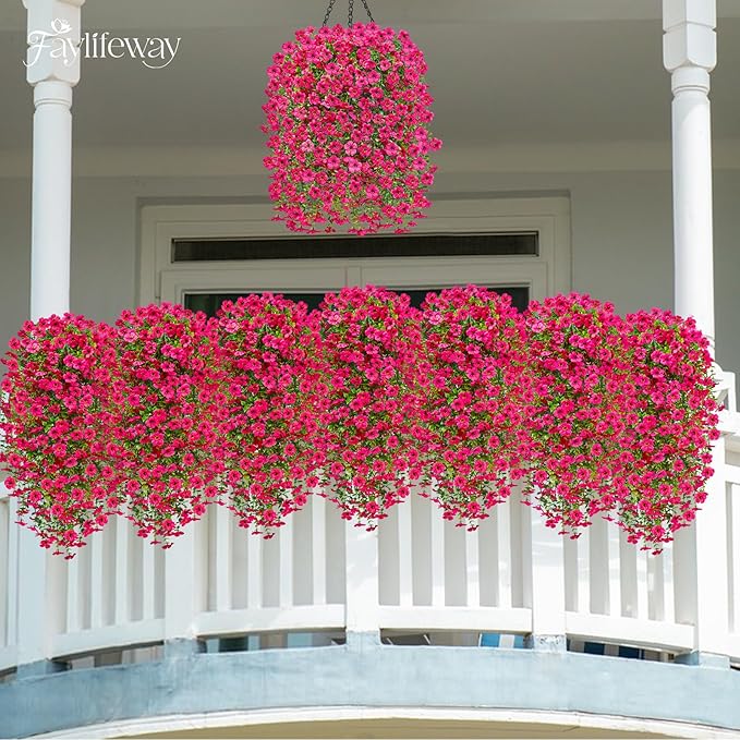Artificial Hanging Flowers for Outdoors Spring Summer Decoration, 4PCS UV Resistant Silk Fake Hanging Plants for Patio Porch Front Yard Window Garden Indoor Decor(Hot Pink,4PCS)