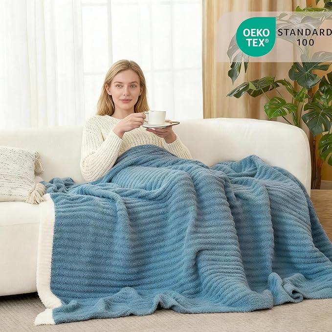 WRENSONGE Soft Throw Blanket for Couch-Cozy Reversible Knitted Blankets | Lightweight Warm Fluffy Decor for Women, Mom, Her & Girls, Sofa, Chair, Bed, 50x60in, Blue