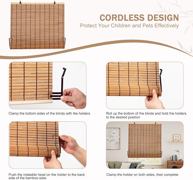 ALIMOO Cordless Bamboo Window Blinds Roll Up Roman Shades Light Filtering Cordless Bamboo Blinds for Indoor Home Patio Porch 60" W x 72" L