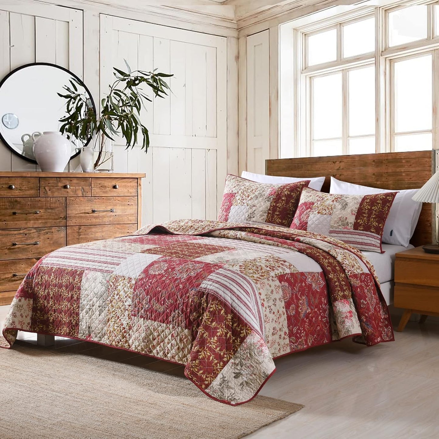 Yvooxny Quilt Set Queen Bedspread Country Farmhouse Cottage Vintage Ditsy Floral Paisley Style Reversible Lightweight Coverlet Set Real Patchwork Quilt for All Seasons, Antique Rose, Queen Size