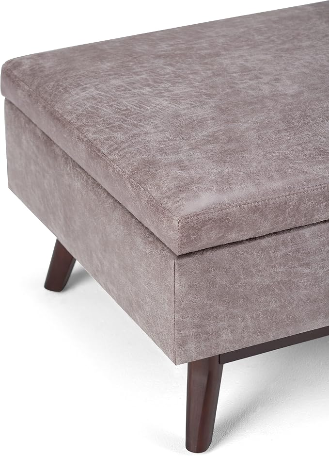 SIMPLIHOME Owen Coffee Table Storage Ottoman - 34" Wide x 19" High Upholstered Vegan Leather Rectangular Lift-Top Ottoman in Distressed Grey Taupe, Mid-Century Modern Bench with Tapered Legs