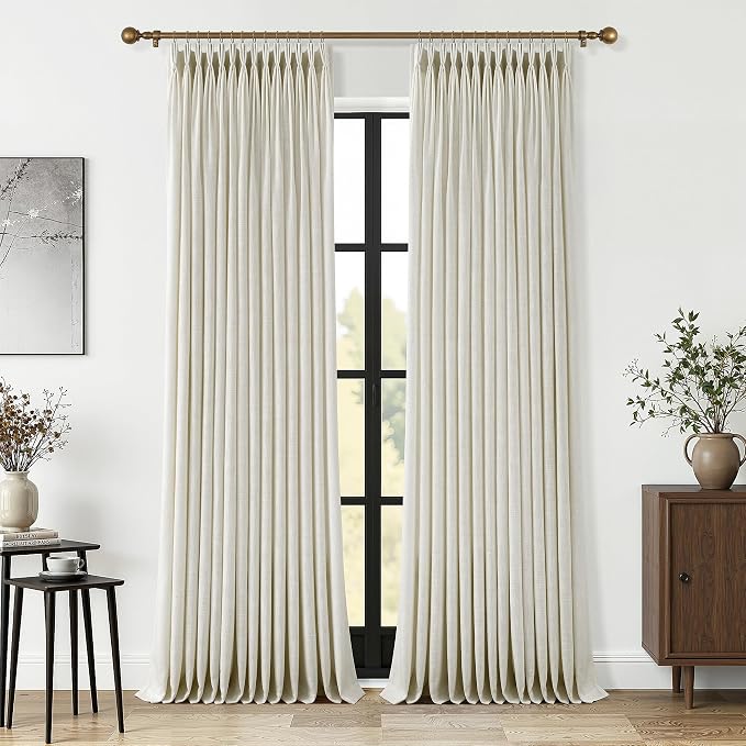 Beige Pleated Linen Curtains 100 Inch Length 2 Panels Set Semi Sheer Light Filtering Light Tan Window Drapes for Living Room Modern Viral Pinch Pleated Curtains 100 Inches with Hooks Rings Clips