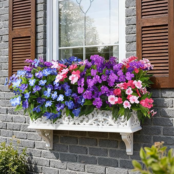 Artificial Impatiens Flowers for Outdoors, 6 Bundles Multicolor Silk Fake Flowers for Spring Summer Decoration, UV Resistant Faux Plants Plastic Bouquet for Home Planter Porch Patio Yard Decor