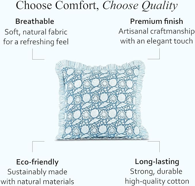 CPC Blue Meadow Hand Block Print 100% Cotton Ruffle Throw Pillow Cover 18x18 inch with Hidden Zipper Decorative for Couch, Bed, Sofa, Farmhouse, Cottagecore Decor Gift Christmas Fall Thanksgiving
