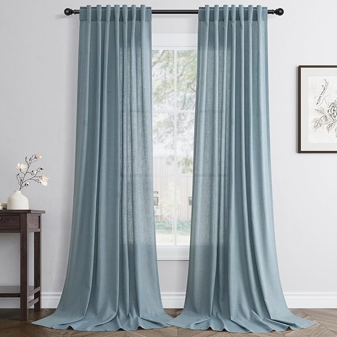 Jowels Blue Linen Curtains 90 Inch Long 2 Panels for Living Room | Light Filtering Semi Sheer Curtain, Back Tab Pocket Pleated Look, Boho Farmhouse Textured Privacy Drapes for Bedroom Window