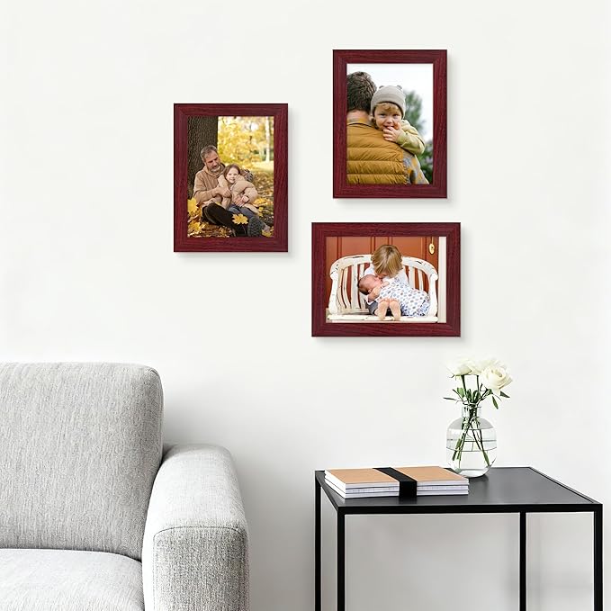 Picrit 5x7 Picture Frame Set of 12, Display 4x6 with Mat or 5x7 without Mat, Photo Frames for Wall Mounting or Table Top Display, Dark Red Wood