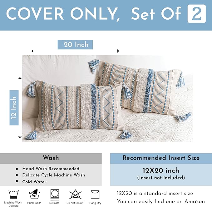 BlissBlush Decorative Lumbar Throw Pillow Covers 12x20 Combo Set of 2 Rectangular Coastal Blue Boho Accent Pillowcase Neutral Farmhouse Cushion for Couch Sofa Bedroom Living Home Décor Cover ONLY
