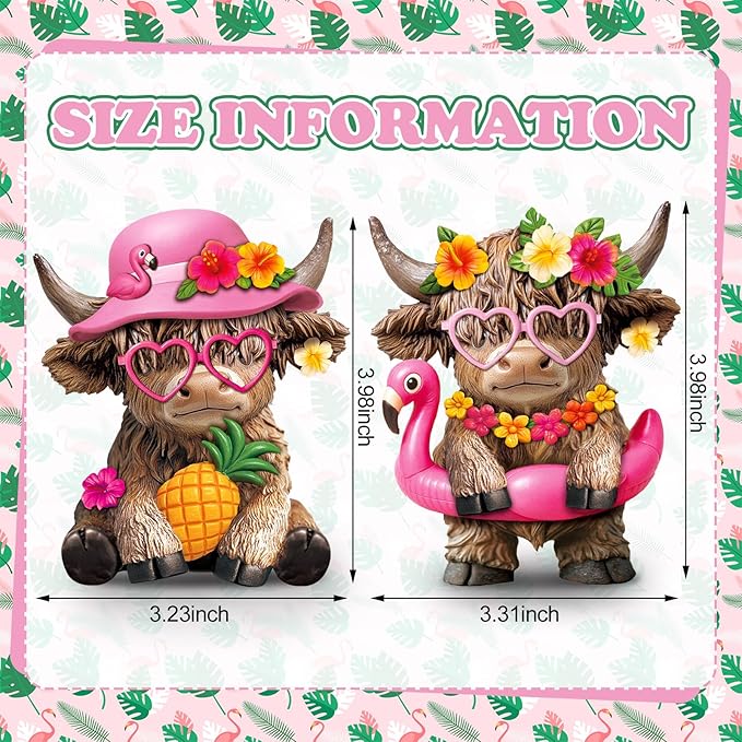 Karenhi 2 Pcs Hawaii Highland Cow Figurines Decor Summer Flamingo Resin Statue Gnomes Scottish Calf Lovers Housewarming Gifts for Coastal Garden Home Kitchen Office Tiered Tray Table Decor