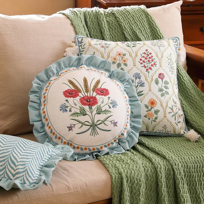 ISAENNE Vintage Linen Throw Pillow Cover,Set of 2,Diameter 16"-Serenity C | Designer Elegant Round Pillow Cover,Concealed Zipper Design,Floral Pattern,Sofa,Bedroom,Living Room,Lounge Chairs