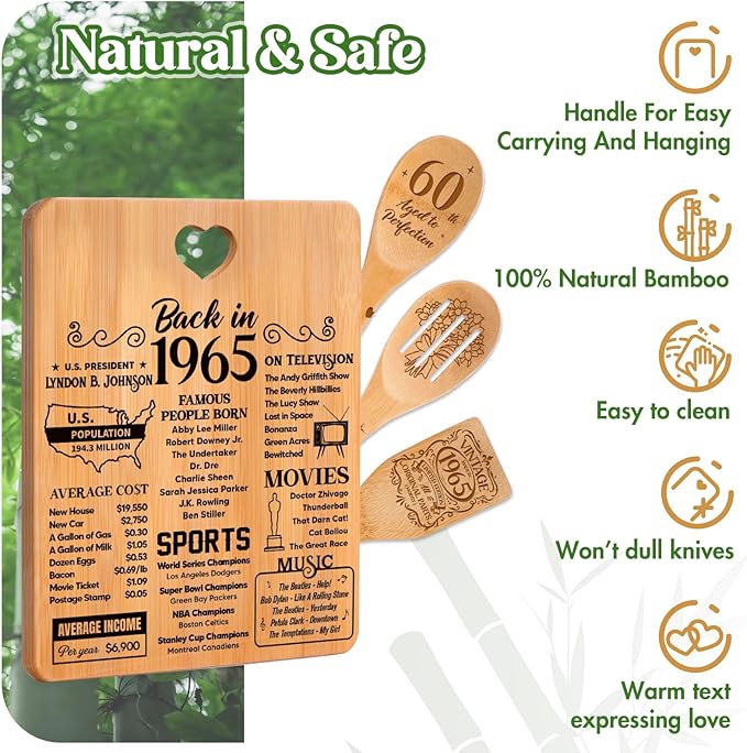 60th Birthday Gifts for Him Her- "Back in 1965" 60th Birthday Gifts for Women Cutting Board, Bamboo-Made Engraved "Year 1965 News" 60th Birthday Gifts