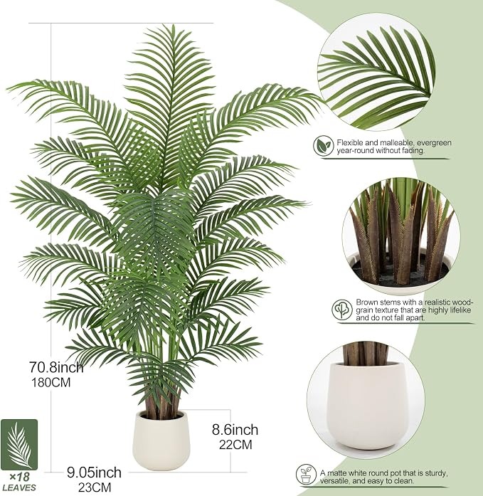 6ft Artificial Palm Tree Tall Faux Palm Tree Indoor Large Fake Plants with 18 Trunks Artificial Plants with White Pot Lifelike Leaves for Home Office Decor Living Rooms Bedrooms