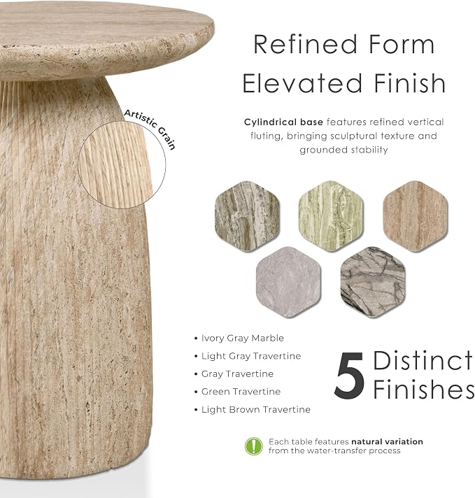 24/7 Shop at Home Ranera Modern 17-inch Natural Stone Side Table with Round Pedestal Base, Marble Nightstand, Fluted Patio End Table, for Living Room, Covered Outdoor Spaces, Light Brown Travertine