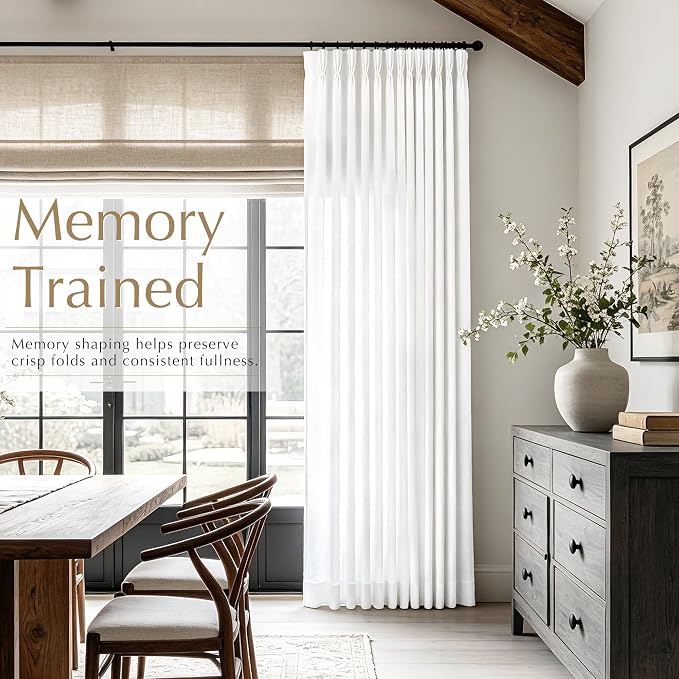 Triple Pinch Pleat Linen Curtains White 94 inches Long Memory Shape Light Filtering White Pleated Drapes Track System Back Tab Textured Drapery Panel Modern Minimalist Farmhouse Living Room Decor