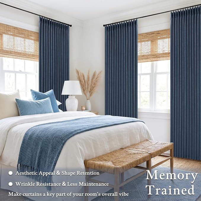 Dark Blue 96 Inch Pinch Pleated Blackout Linen Curtains for Bedroom 2 Panels Memory Trained 100% Black Out Soundproof Room Darkening Navy Window Curtains with Liner Pinch Pleat Drapes