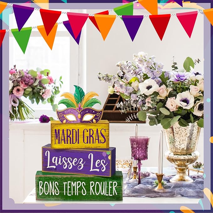 Lineshading 4 Pcs Mardi Gras Table Decorations Wooden Mask Purple Golden Green Carnival Tiered Tray Decor Mardi Gras Centerpieces Decorative Mask Block Signs Gifts for Masquerade Party Home Kitchen