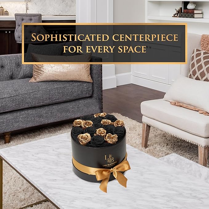 17 Black & Gold Forever Roses, Velvet Box - Luxury Black Roses for Mothers Day, Mothers Day Roses, Gifts for Women, Mother's Day Flowers for Mom, Black Roses for Delivery Prime