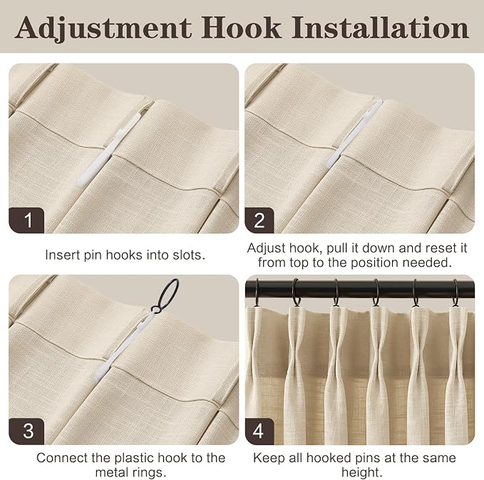 Extra Wide Pinch Pleated Linen Curtains for Living Room Sliding Glass Door 90 Inch Long, Sand Beige Light Filtering Curtain Textured Thick Pleat Semi-Sheer Drapes with Hooks 70 Inch Width, 1 Panel