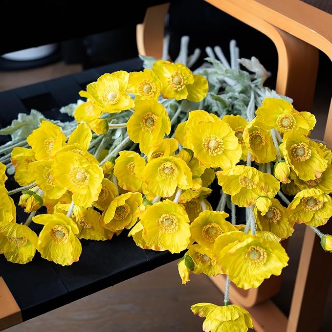 DUYONE Artificial Flowers 6 Stems Poppy Silk Bouquet,for Wedding, Home, Party Decoration,Table Centerpiece Arrangement(Yellow)