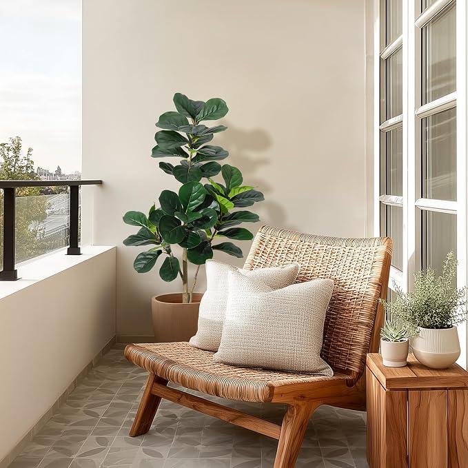 4 ft Fiddle Leaf Fig Tree Artificial with 48 Leaves - Realistic Faux Ficus Lyrata Trees in 7.8 in Grey Planter Pot, Indoor Fake Floor Plants for Home Office Living Room Decor, Housewarming Gift