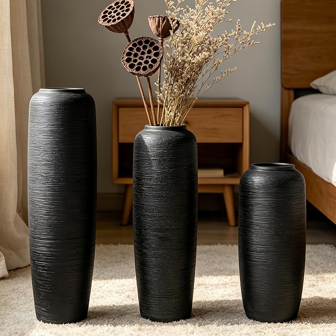 Large Rustic Ceramic Black Vase,19.7 Inch Tall Pottery Farmhouse Decor Floor Vase Vintage Flower Vases for Home Living Room Entryway Table Centerpiece Decor,Terracotta Vases,Wedding Gift