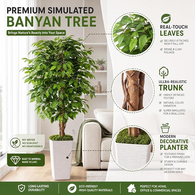 5FT Artificial Ficus Tree, 60 Inch Realistic Faux Silk Ficus Floor Plant with White Planter & Moss, Tall Fake Potted Tree for Indoor Home Office Living Room Corner Decor
