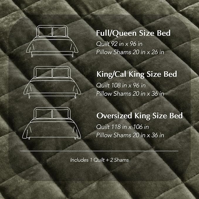 RECYCO Luxury Velvet Quilt Set, California King 118'' x 106'' Oversized Bedspread, Ultra Soft Velvet Comforter, Lightweight Box Stitch Bedding Sets for All Season, with 2 Shams, Olive Green