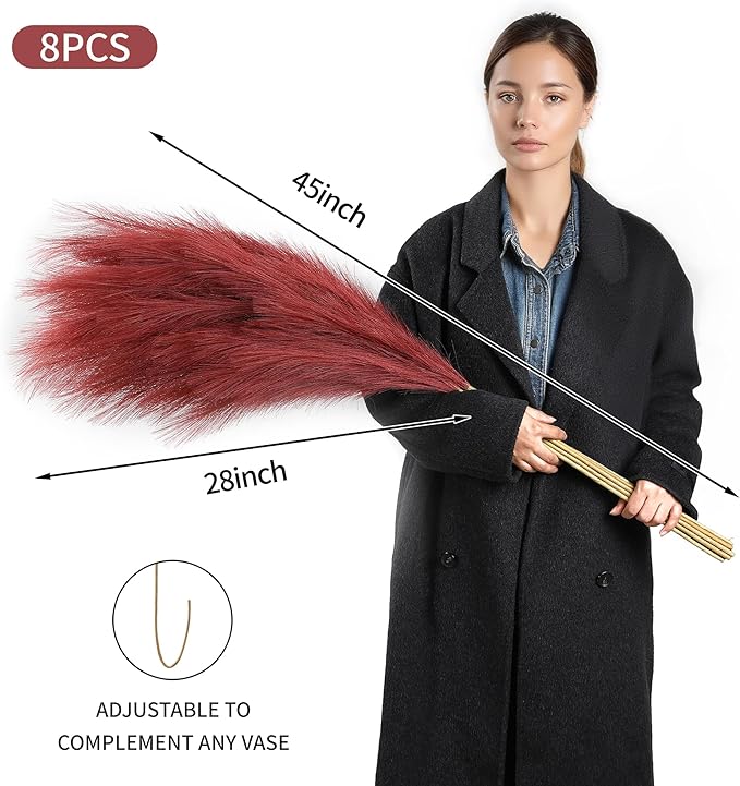 Wertuirk Burgundy Pampas Grass Decor, 8 Pcs 45 Inch Tall Large Faux Pompous Grass, Long Artificial Flowers for Floor Vases, Wedding Centerpieces, Baby Shower and Home Decoration (Burgundy)
