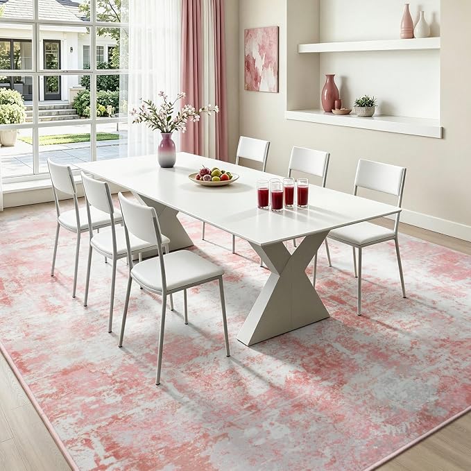 Rugflix 8x10 Area Rugs for Nursery Girls Room, Washable Large Rug Stain-Resistant Low Pile, Modern Non Slip Carpet for Kids Bedroom Living Room Home Office, Pink/White