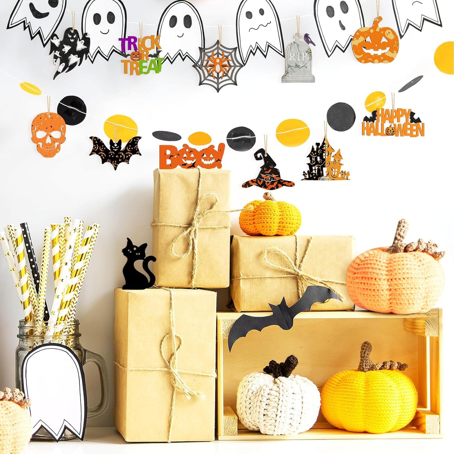 36PCS Wooden Halloween Ornaments to Paint Fall Decorations, 12 Styles DIY Blank Autumn Unfinished Wood Skull Pumpkin Ghost Bat Boo Trick or Treat Halloween Cutouts Ornament for Crafts Party Hanging