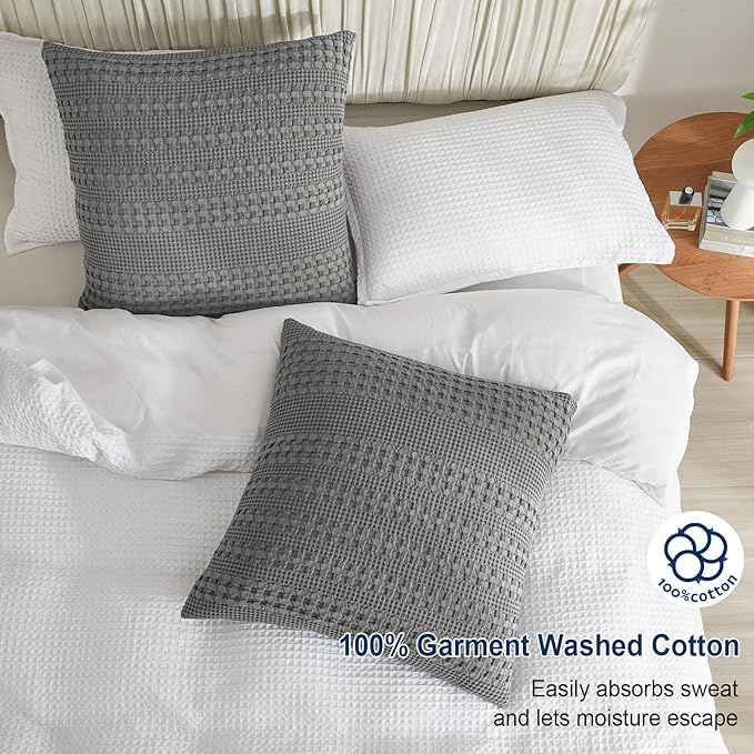 PHF 100% Cotton Waffle Weave Euro Sham Covers, 2 Pack 26" x 26" Bed Pillow Covers for Elegant Home Decor, No Filling, Luxury Aesthetic Soft Euro Pillow Cases for Bed, Dark Grey