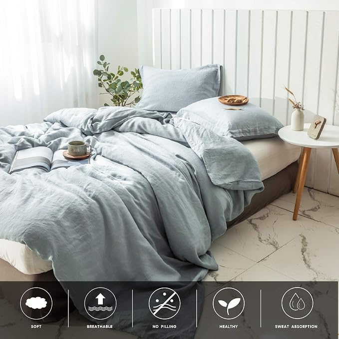 Simple&Opulence 100% Linen Duvet Cover Set 3pcs Basic Style Natural French Washed Flax Solid Color Soft Breathable Farmhouse Bedding with Button Closure - Dusty Blue, King