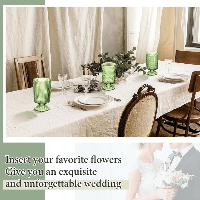 6 Pcs (H: 7" W: 4") Embossed Flower Vase Pedestal Glass Vase Big Base Thickened Crystal Vintage Vases for Wedding Party Home Decor Table Centerpiece House Warming Gifts (Green,Classic)