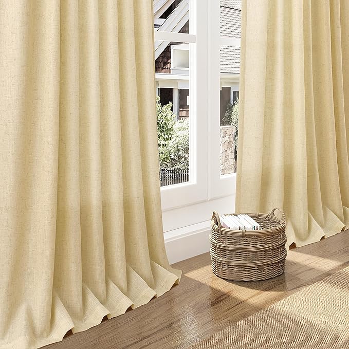 Nanspring Cream Yellow Curtains 96 Inch Length 2 Panels Set for Living Room Linen Light Filtering Modern Farmhouse Curtain Back Tab and Rod Pocket Privacy Sheer Drapes for Bedroom Office 52x96