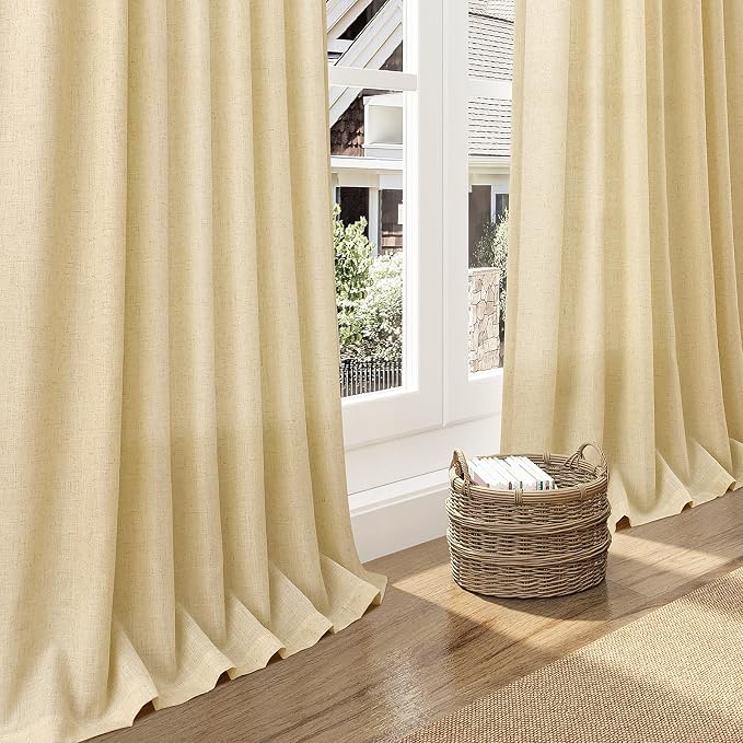 Nanspring Cream Yellow Linen Curtains 90 Inches Long for Living Room Light Filtering Modern Farmhouse Sheer Curtains Back Tab and Rod Pocket Curtain for Bedroom Office 52x90, 2 Panels