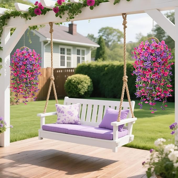 Serwalin Artificial Hanging Flowers for Outdoors Decoration, 8PCS UV Realistic Resistant Fake Silk Artificial Plants Outdoor for Porch Patio Balcony Indoor Planter Yard Decor (Purple&Rose Pink,8PCS)