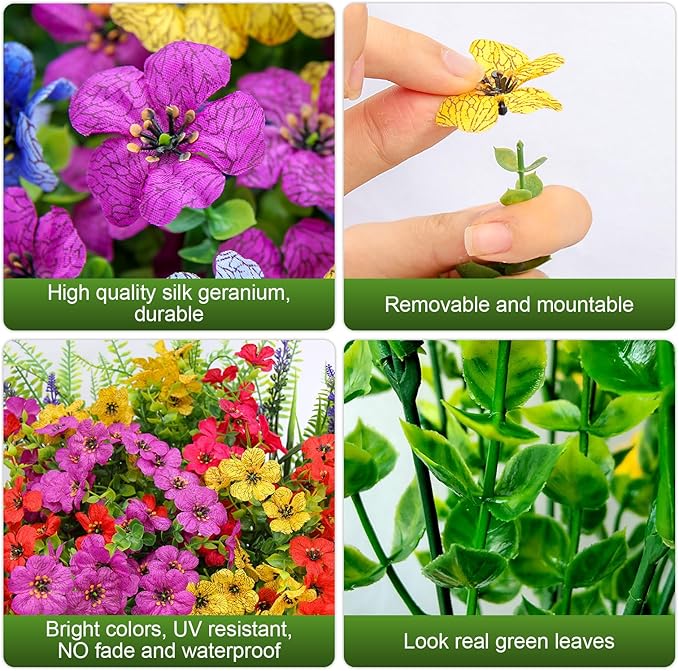 Artificial Fake Flowers for Outdoor UV Resistant,16 Bundles Silk Outside Plants Decoration for Hanging Planters, Daisy Eucalyptus Faux Flower Spring Summer Garden Yard Patio Balcony Home