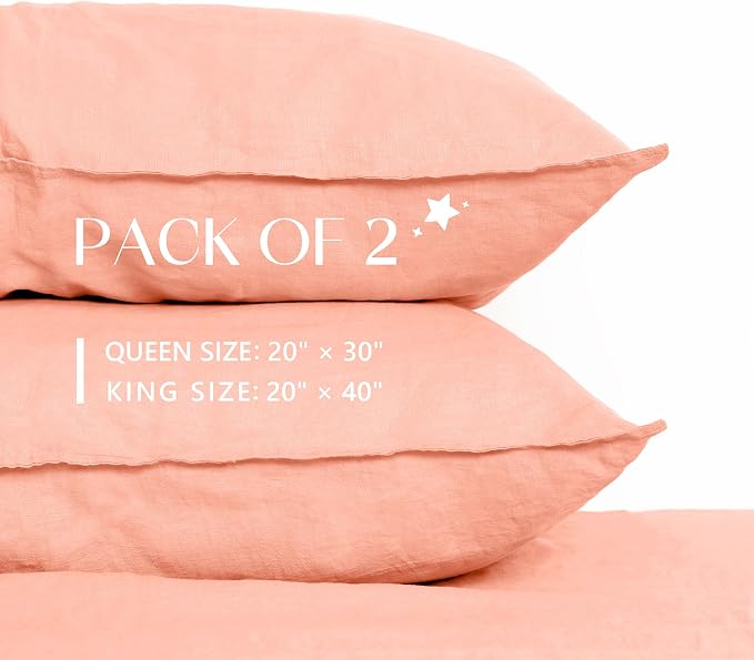 Linen World Linen Pillow Cases King Size - 20"x40" Set of 2,100% French Flax Pillowcase,Soft Breathable Natural Pillow Covers,Peach