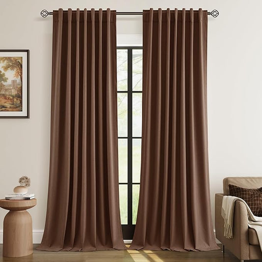 Rustic Brown 100% Blackout Linen Curtains 108 Inch Length 2 Panels Set for Living Room Bedroom Back Tab Thermal Insulated Black Out Drapes Room Darkening Farmhouse Style for Bedroom Window Curtains