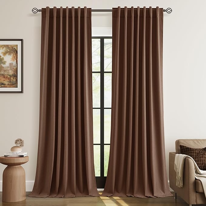 Guken 100% Blackout Curtains 90 Inch Length 2 Panels Set for Living Room Bedroom Back Tab Thermal Insulated Black Out Linen Drapes Room Darkening Window Curtains 90 Inches Long,Rustic Brown