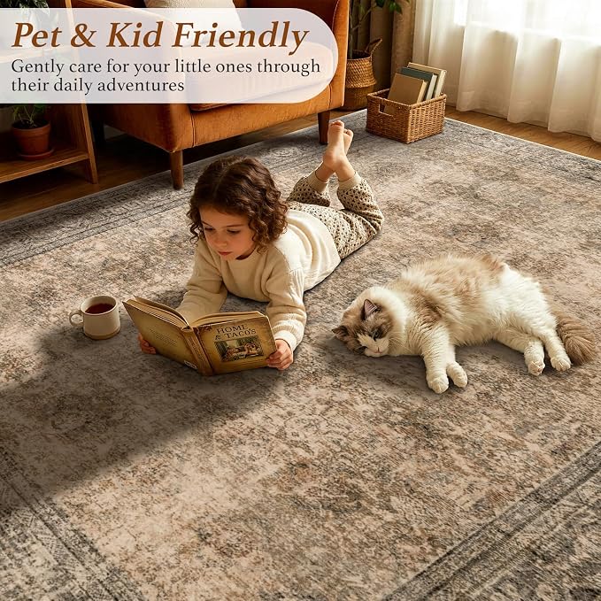 LIANLAM 8x10 Washable Area Rug, Vintage Boho Traditional Pattern, Non-Slip Stain Resistant Rug for Living Room Bedroom(8x10,Brown/Boho)